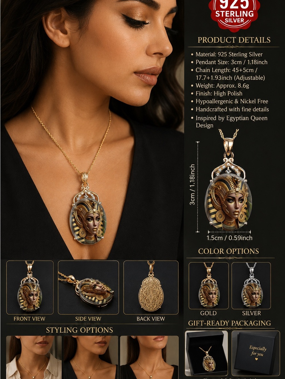 925 Sterling Silver Egyptian Queen Pendant Necklace — Gold Women's Necklace